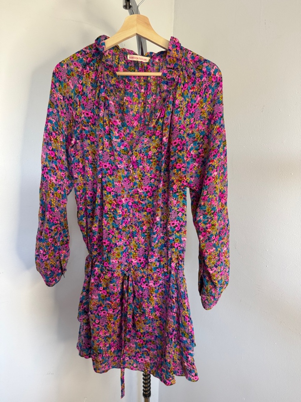 Rebecca Taylor Pink Multi Floral Ruffle-Trim Mini Dress 100% silk size 12